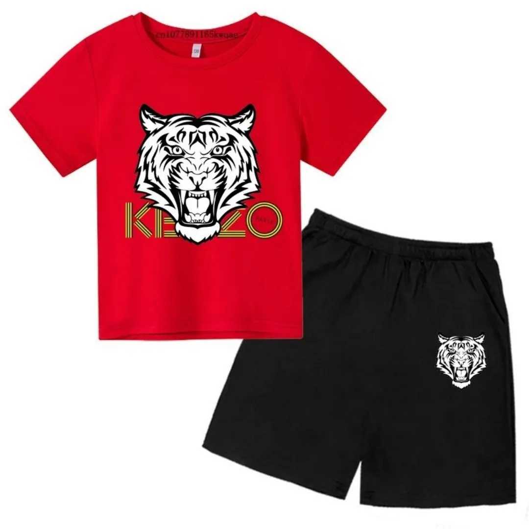 2025 3-13 year old childrens tiger head summer 2-piece casual breathable T-shirt+shorts sports suit boys and girls casual suit z250703NLGG