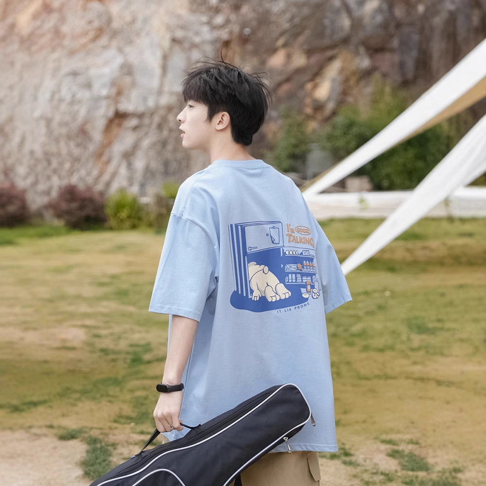 Factory Direct Supply 220g Heavy Cartoon Print Short Sleeve T-shirt Designer Short Sleeves For Men Summer Loose Playful Pure Cotton Half Sleeve Top