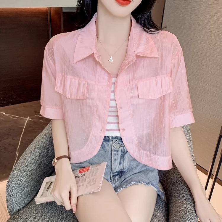 K1217 Chiffon polo collar short-sleeved short shirt sun protection clothing women's summer outerwear small shawl new cardigan top thin jacket