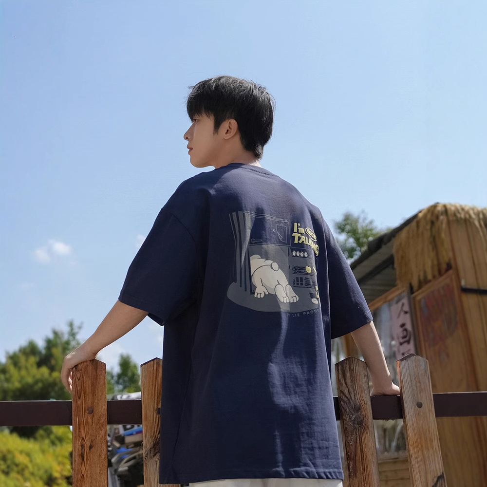 Factory Direct Supply 220g Heavy Cartoon Print Short Sleeve T-shirt Designer Short Sleeves For Men Summer Loose Playful Pure Cotton Half Sleeve Top