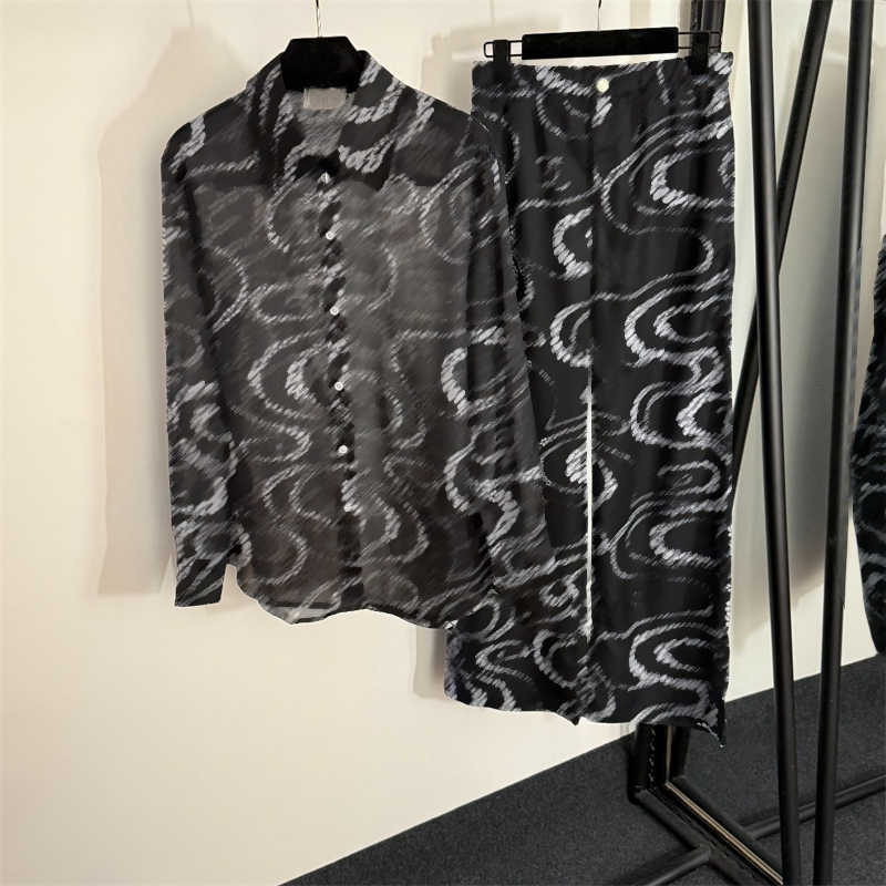 fashion clothes Two Piece Pants womens Designer Lightweight Printed Long Sleeve Lapel Shirt High Waisted Wide Leg Trousers