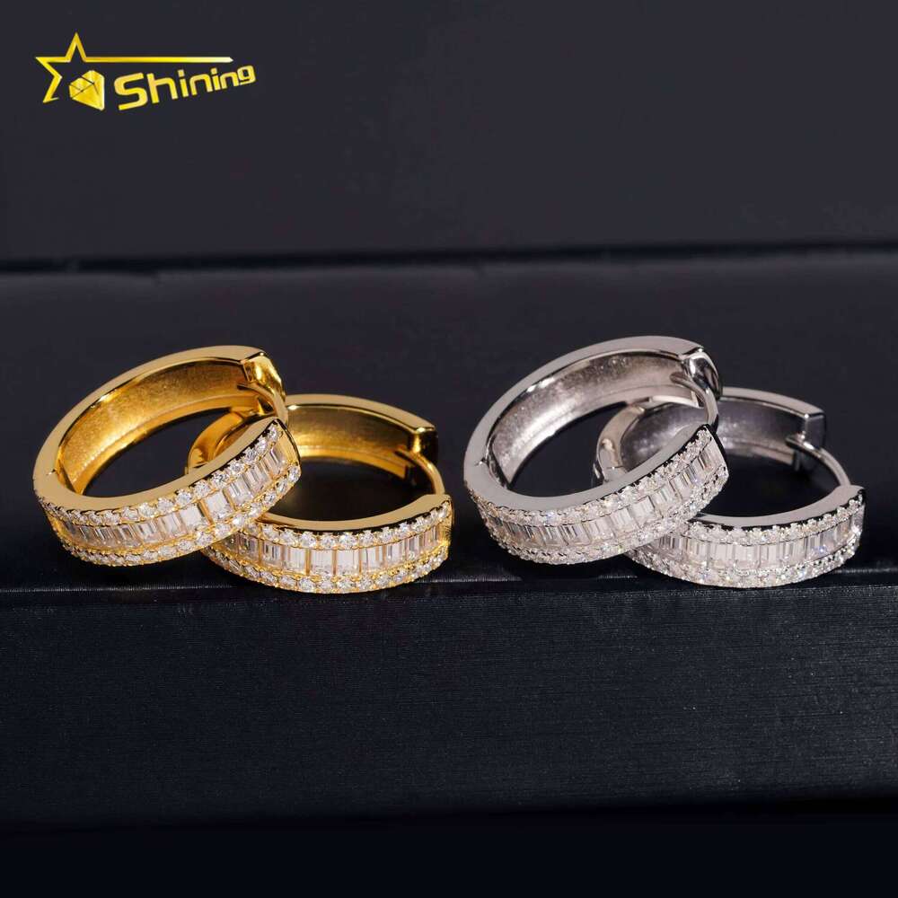 Premium Jewelry Sier Hip-Hop Gold-Plated Iced Baguette Moissanite Hoop Earrings
