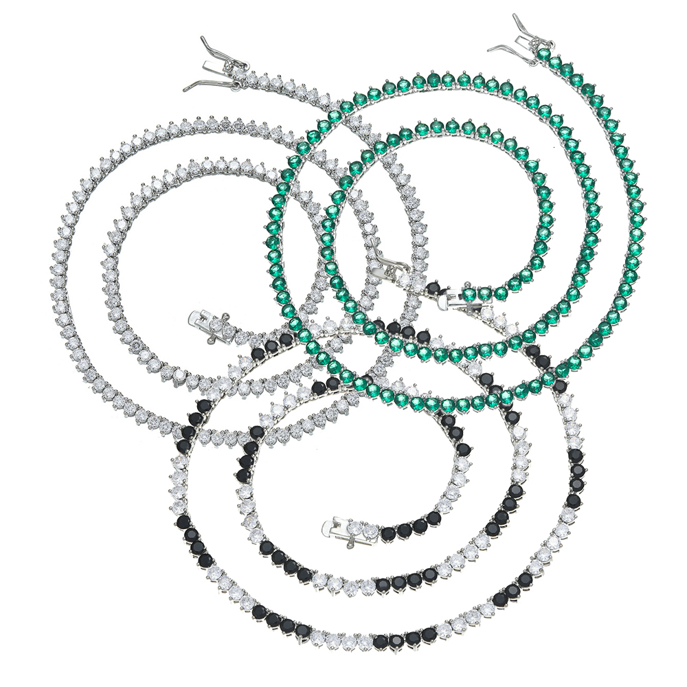 25-3mm Three-Pronged Full Bling Cubic Zirconia Emerald Tennis Chain Necklace Hip Hop Green Cz Stones Fashion Copper Iced Out Diamond Rapper Chains Col