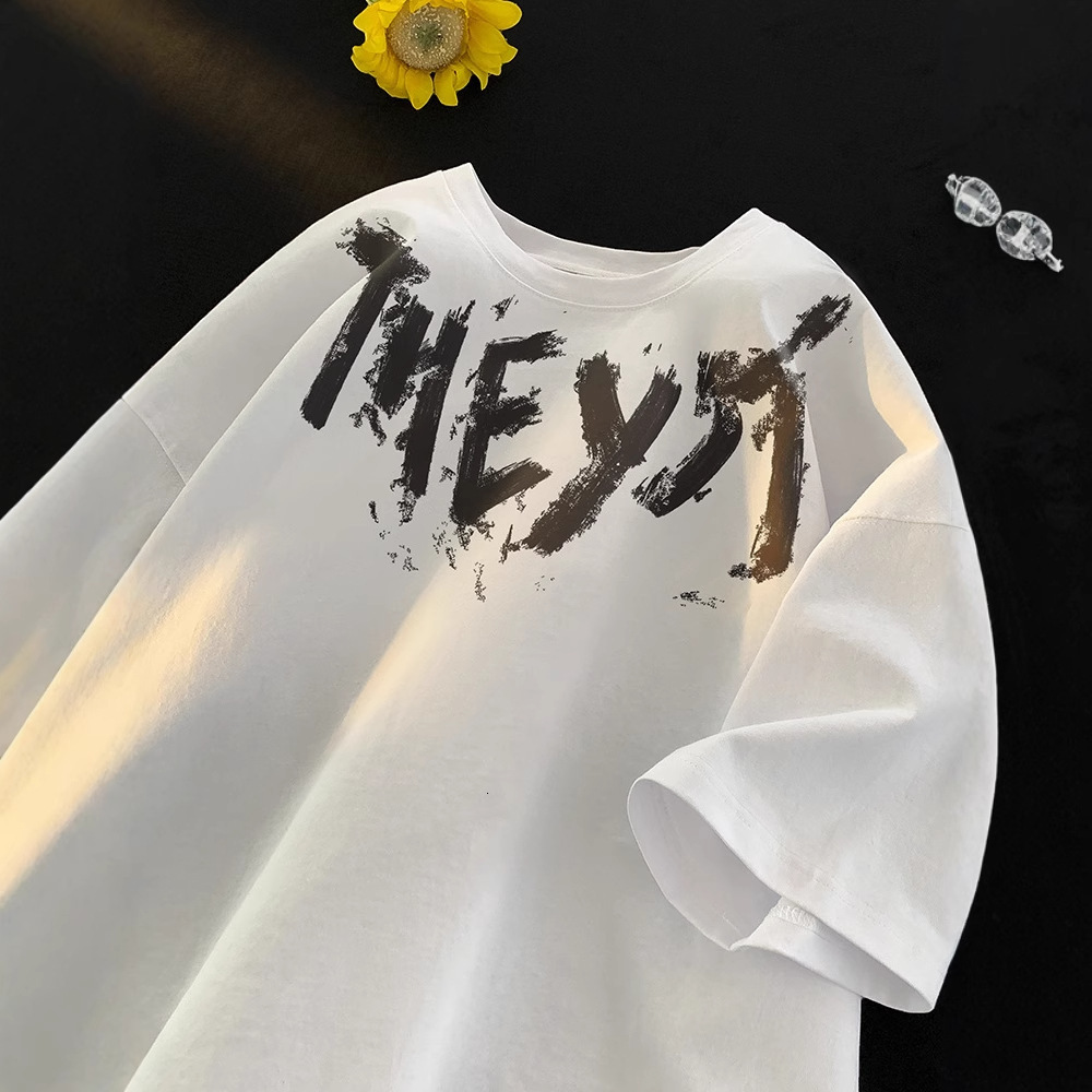 Letter Print Drop Designer Short Sleeves Shoulder Loose T-shirt For Men Summer American High Street Fashion Brand Versatile Five-quarter Sleeve Short 