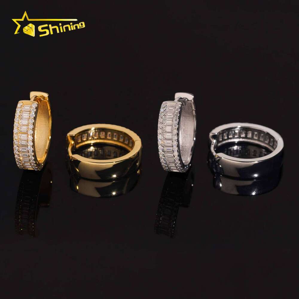 Premium Jewelry Sier Hip-Hop Gold-Plated Iced Baguette Moissanite Hoop Earrings