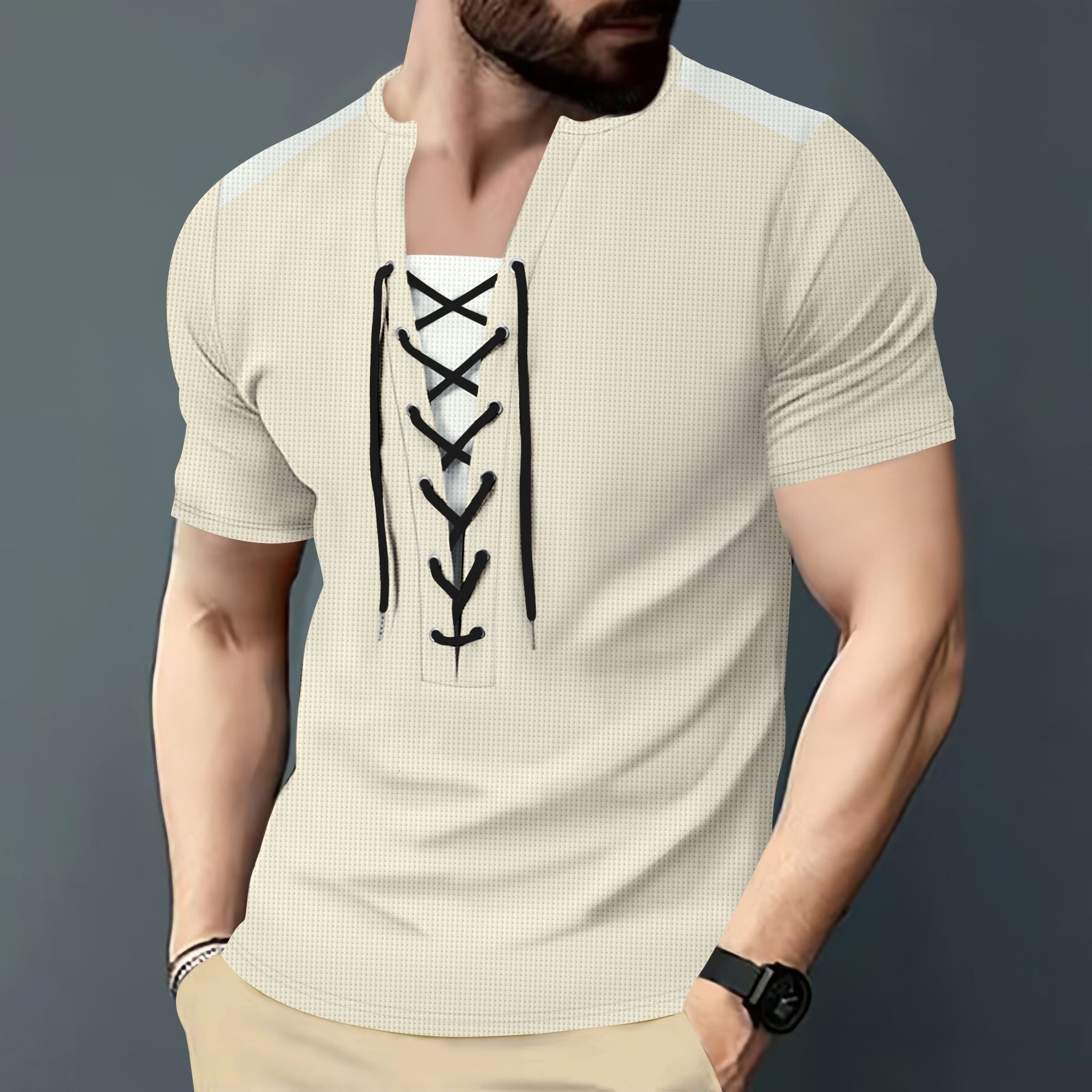 New Amazon Men's Waffle Texture Versatile Casual Color-block Patchwork Drawstring Designer T-shirt Summer Short Sleeves Crew Neck Short Sleeve T-