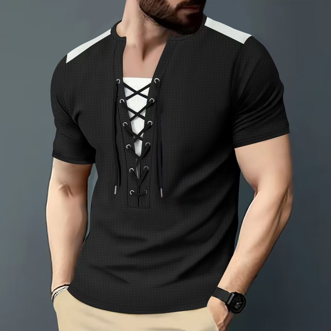 New Amazon Men's Waffle Texture Versatile Casual Color-block Patchwork Drawstring Designer T-shirt Summer Short Sleeves Crew Neck Short Sleeve T-