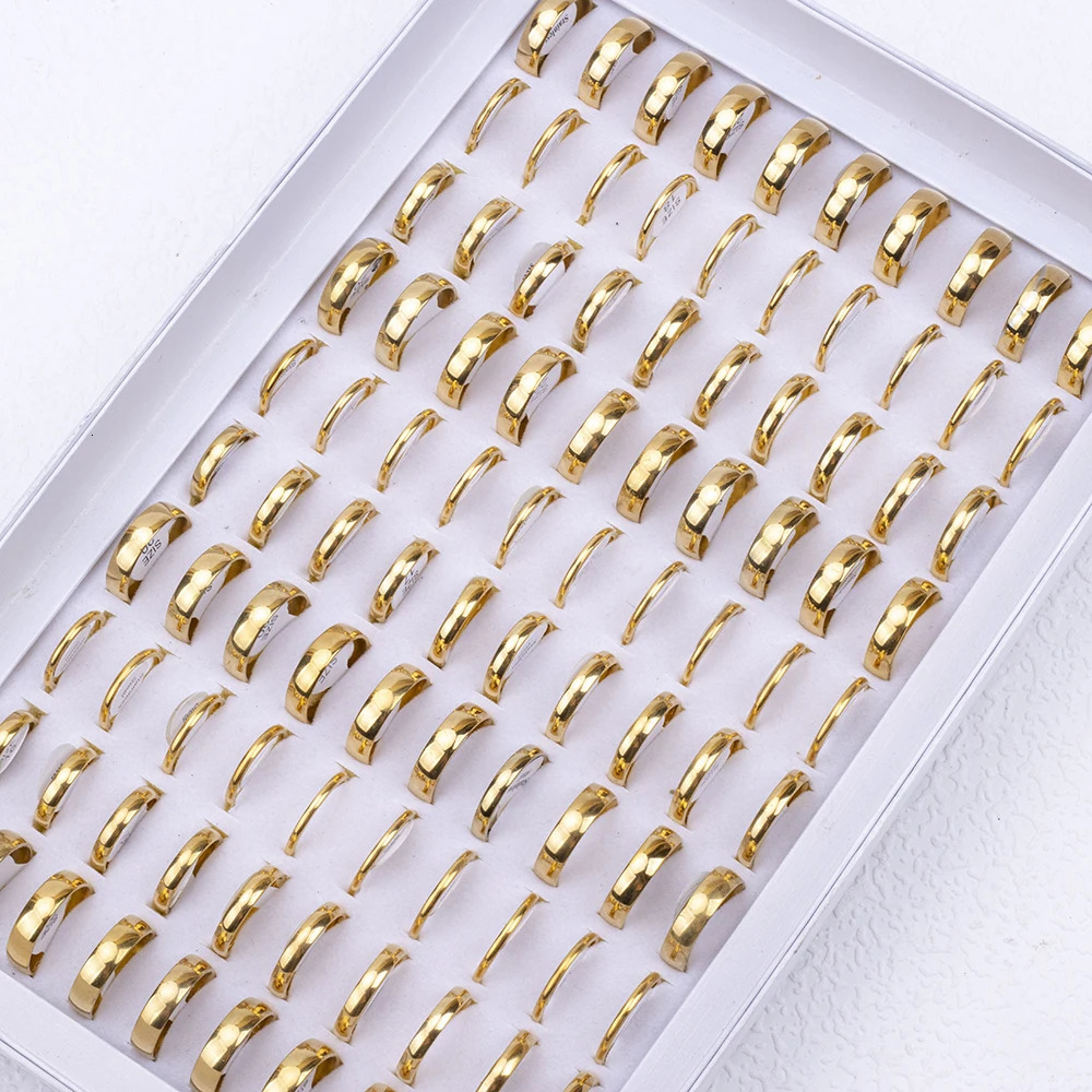 50Pcs/Lot Wholesale Smooth Stainless Steel Ring For Men Women Party Wedding Finger Jewelry Accessories Mix Width 2/4/6mm 250702