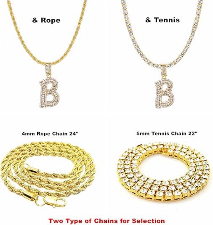 Bling Silver Gold Iced Out Baguette Initial Letter Necklaces for Men Women Big Cz Diamond Capital Letter Pendant A-Z with Rope Tennis Chains