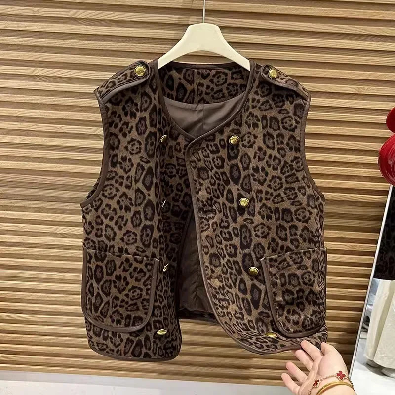 French style double breasted leopard print vest jacket for women in spring fashionable and casual Western style vest versatile 250703