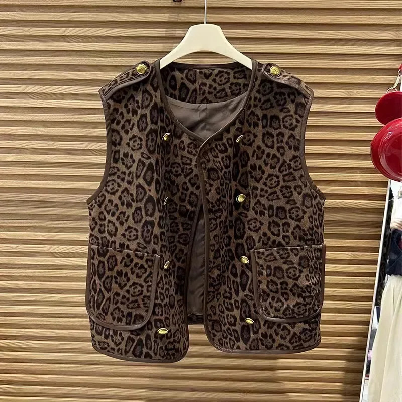 French style double breasted leopard print vest jacket for women in spring fashionable and casual Western style vest versatile 250703