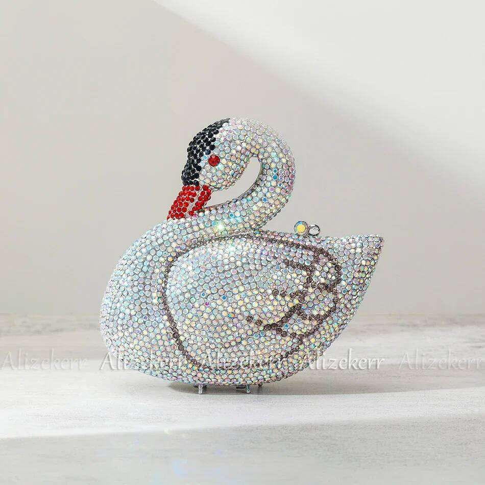 Alizekerr Swan Shaped Dia Evening Bags New Gorgeous Sparkling Rhinestone Metallic Clutch Purses And Handbags Wedding Party