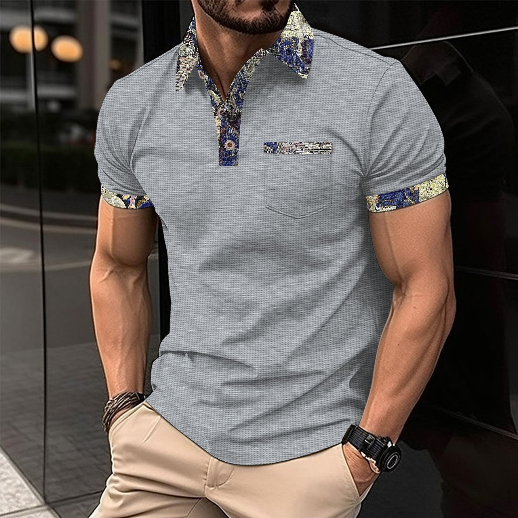 2025 Amazon Cross-border Designer T-shirt Summer New Designer T-shirt Youth Waffle Color Block Pocket Summer Short Sleeves Short Sleeve Casual T-shirt