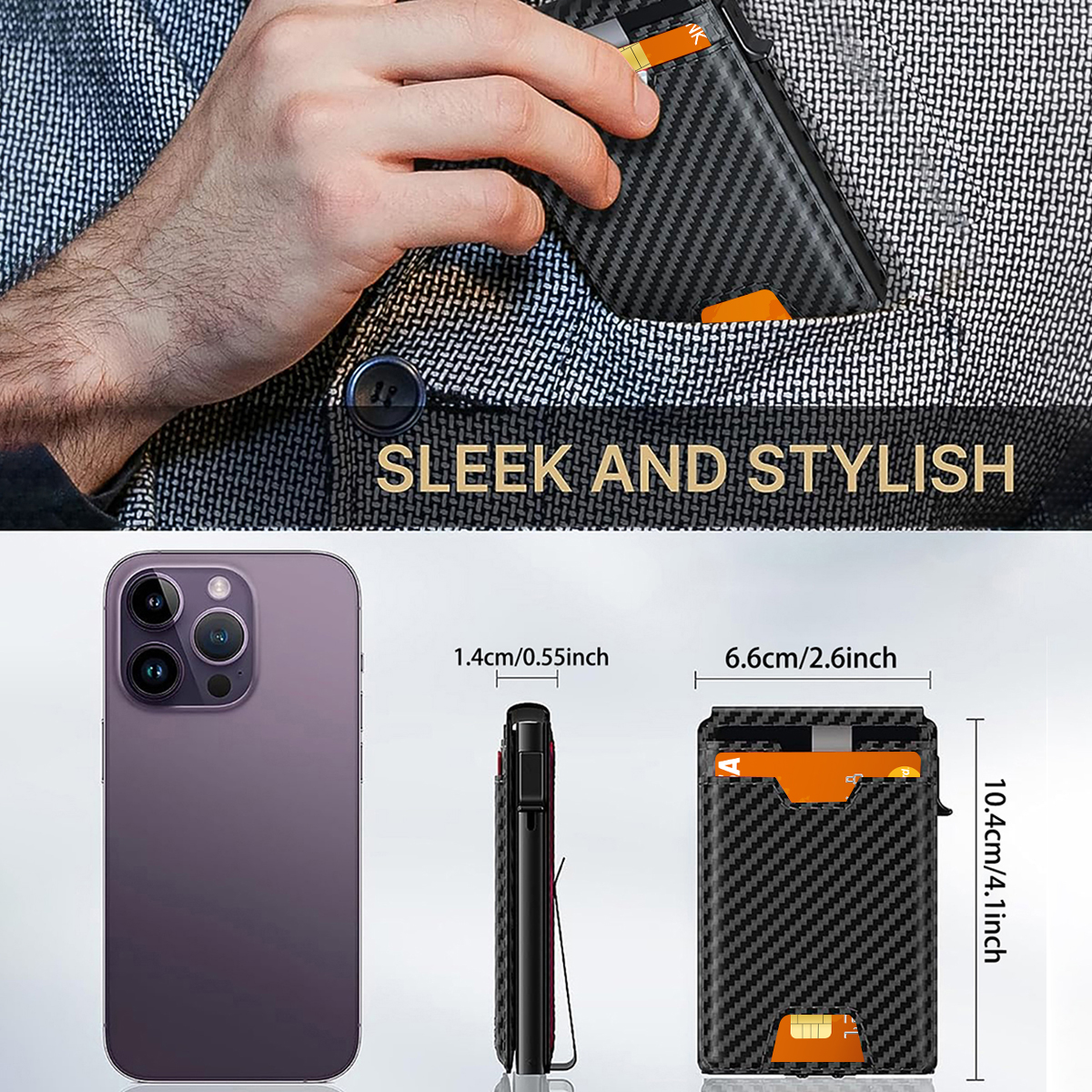 Smart Mens Wallet with Front Pocket for Credit Cards & ID Lightweight Carbon Fiber Design