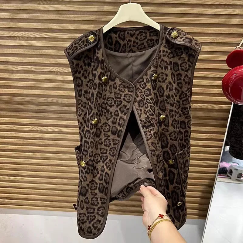 French style double breasted leopard print vest jacket for women in spring fashionable and casual Western style vest versatile 250703