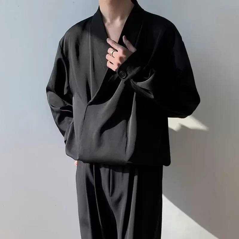 Spring Autumn Japanese Long Sleeve Shirt Mens Korean Style Casual Trendy Draped Sleeveless Silk Shirt 250703