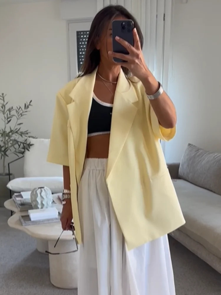 Fashion Solid Short Sleeve Lapel Blazer Jacket For Women Casual V Neck Covered Button Suit Office Lady Street Coats 250703