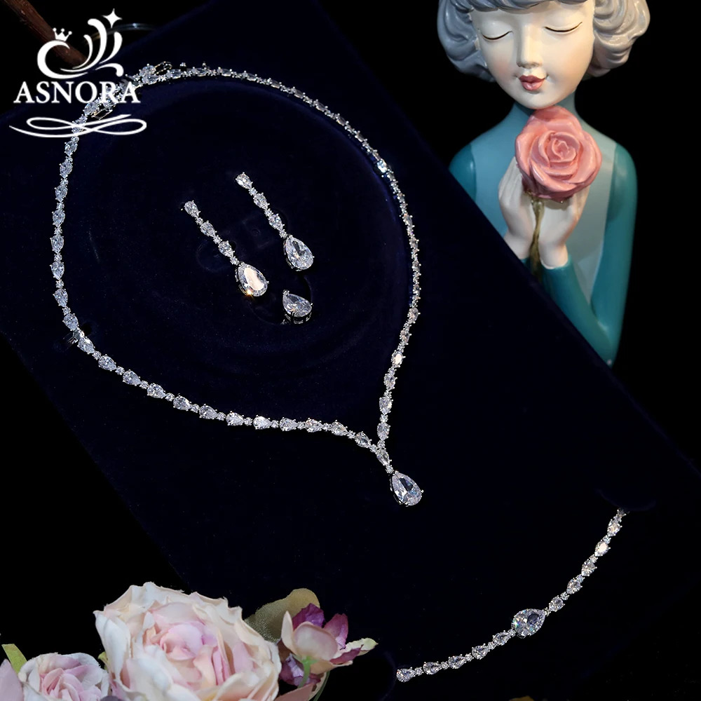 ASNORA High Quality Cubic Zirconia Bridal Wedding Jewelry Water Drop Necklace Lady Pendant Four Piece Set Party Accessories