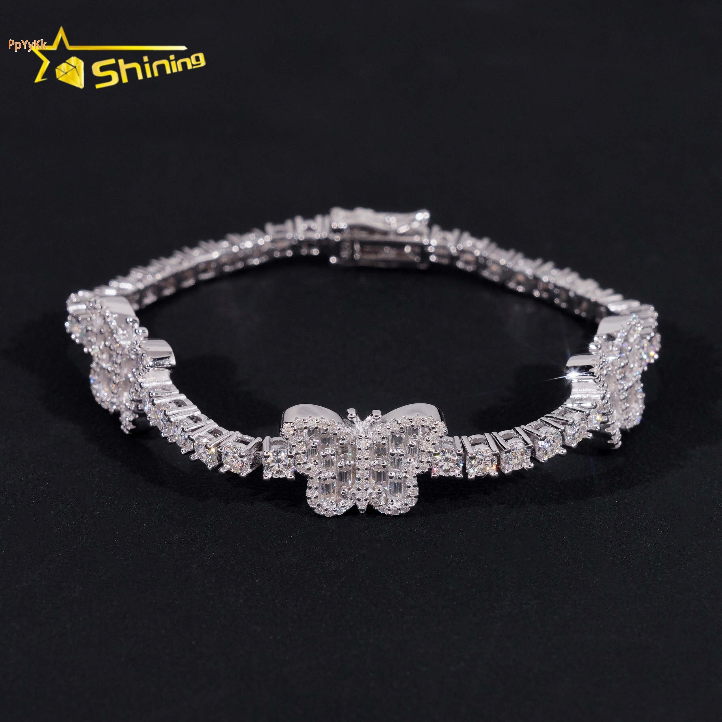 Luxury New Hip Hop 925 Silver 3mm Baguette Tennis Chain Moissanite Butterfly Bracelet GRA Certified