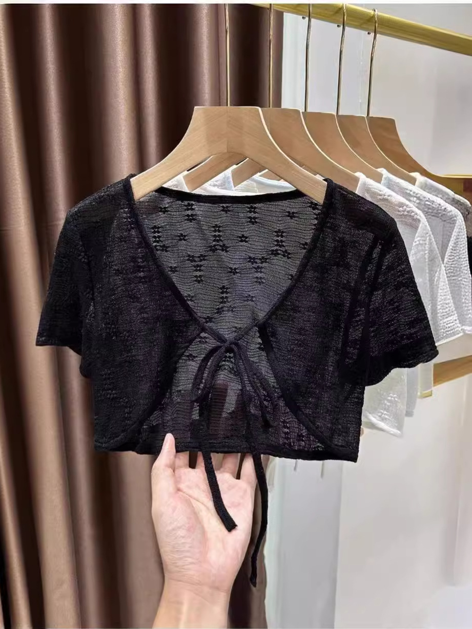 K1215 Lace-up short-sleeved cardigan for women in summer with skirt, shawl, outerwear, short shirt, small waistcoat, thin style