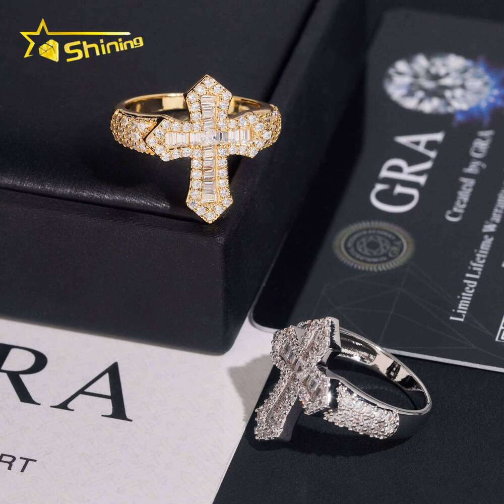 2025 New Cross Style Iced Out Long Bar Hip Hop Moissanite Men's Ring Silver Boutique Jewelry