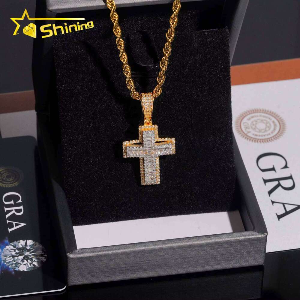 New Design Pass Tester Fashion Hip Hop Jewelry Sier VVS Baguette Moissanite Dia Cross Pendant Necklace