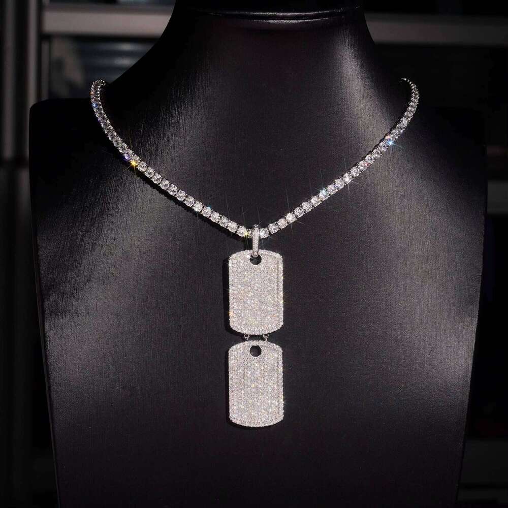 White Gold VVS Moissanite Dia Double Dog Tag Pendant Match 4MM Tennis Chain Necklace