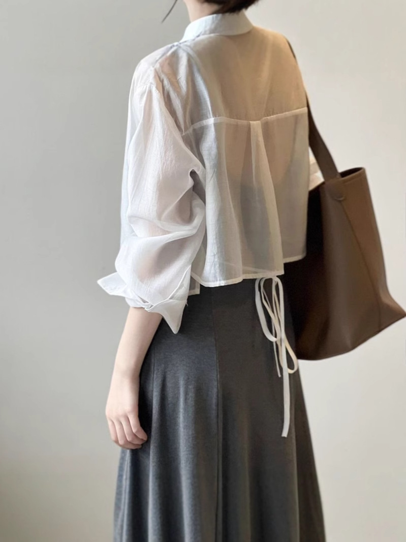 K1216 Thin long-sleeved sun-proof chiffon shirt for women, design niche back tie cardigan, summer petite short top