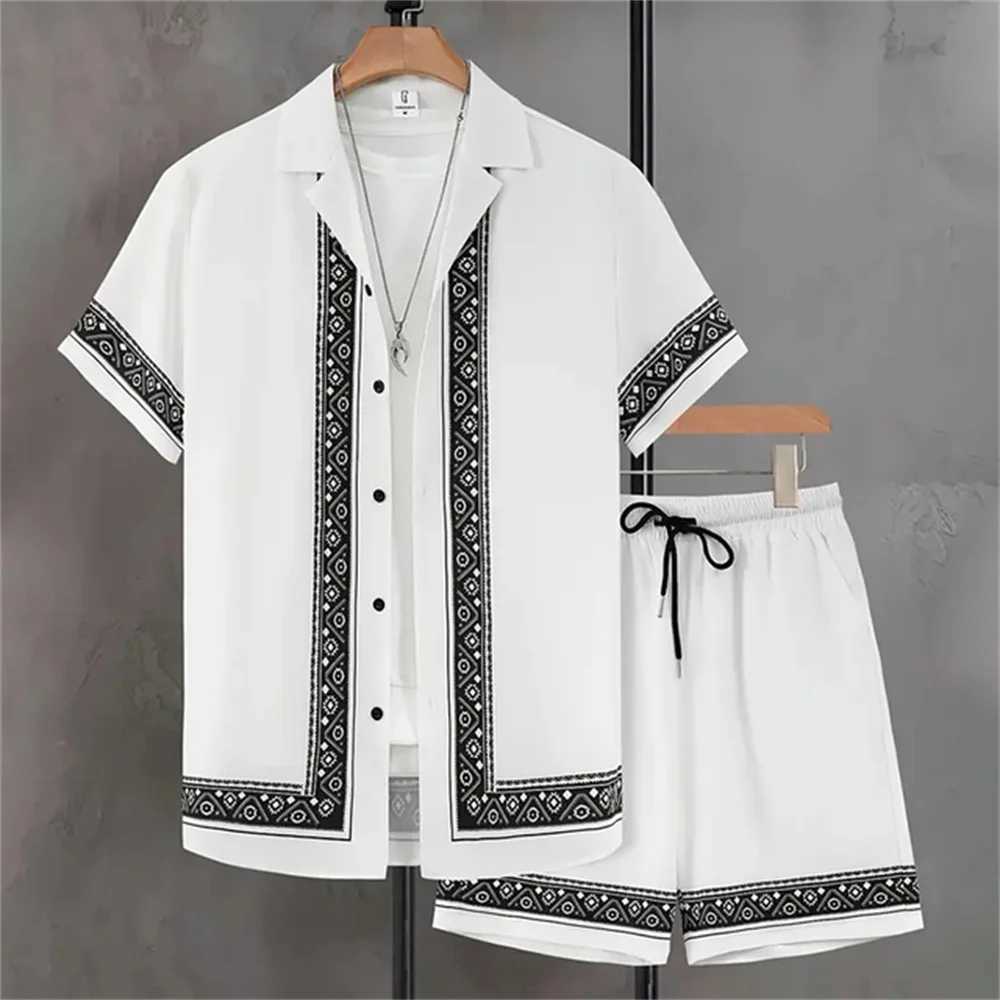 New Mens Summer Holiday Suit Retro Textured Printed Border y2k Shirt Short Sleeve Shorts Two Piece Mens Breathable Pool Suit XJ250703