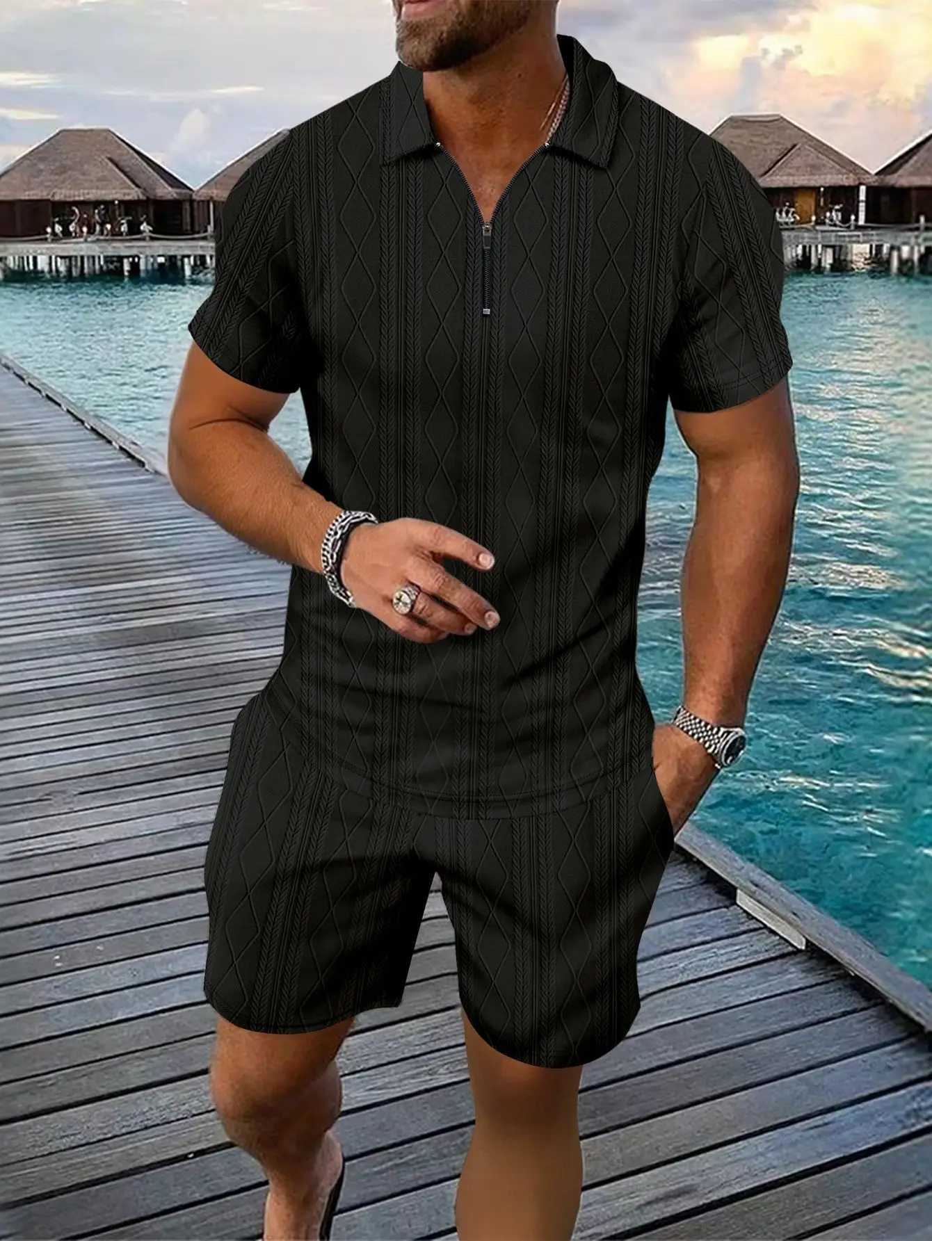 Mens Fashionable Checkered Jacquard Beach Shirt And Shorts Set Casual Lapel Zipper Two-Piece Suit Short-Sleeved Top and T-shirtXJ250703