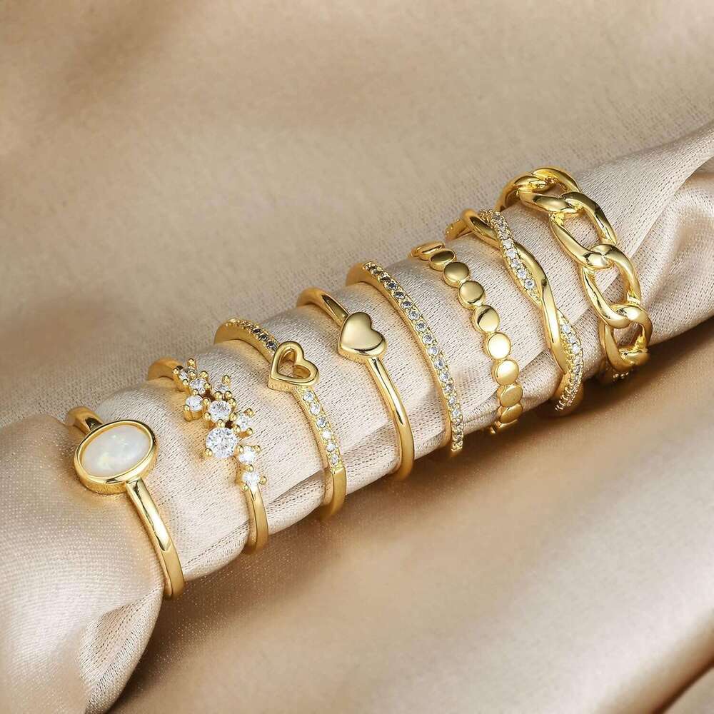 Plate 3 14K Gold/Sier Stacking Set for Women CZ Heart Simple Cute Stackable Dainty Trendy Gold Statement Rings Plain Band Size 4-11