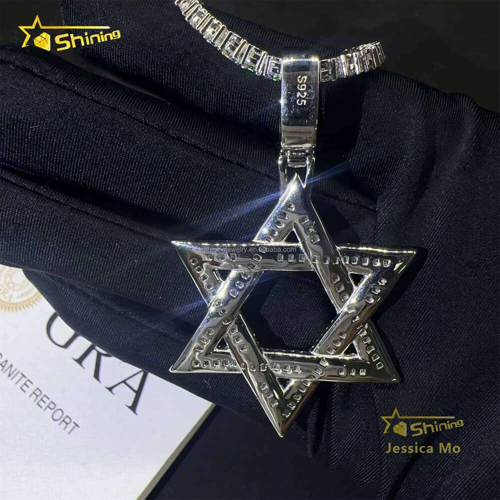 Drop Shipping Hot Selling Iced Out Rapper Sier Vvs Baguette Moissanite Dia Hip Hop Star Pendant Necklace Set