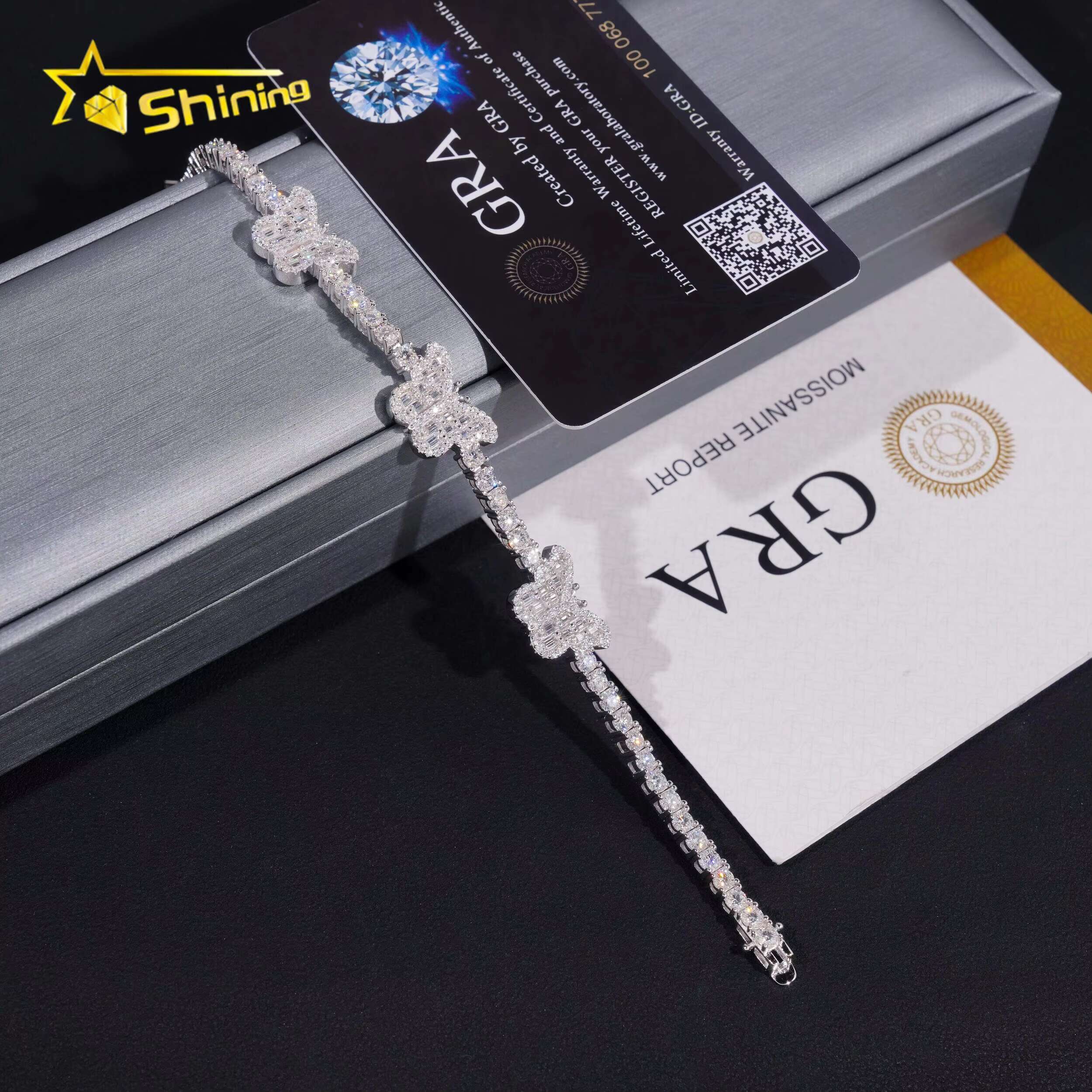 Luxury New Hip Hop 925 Silver 3mm Baguette Tennis Chain Moissanite Butterfly Bracelet GRA Certified