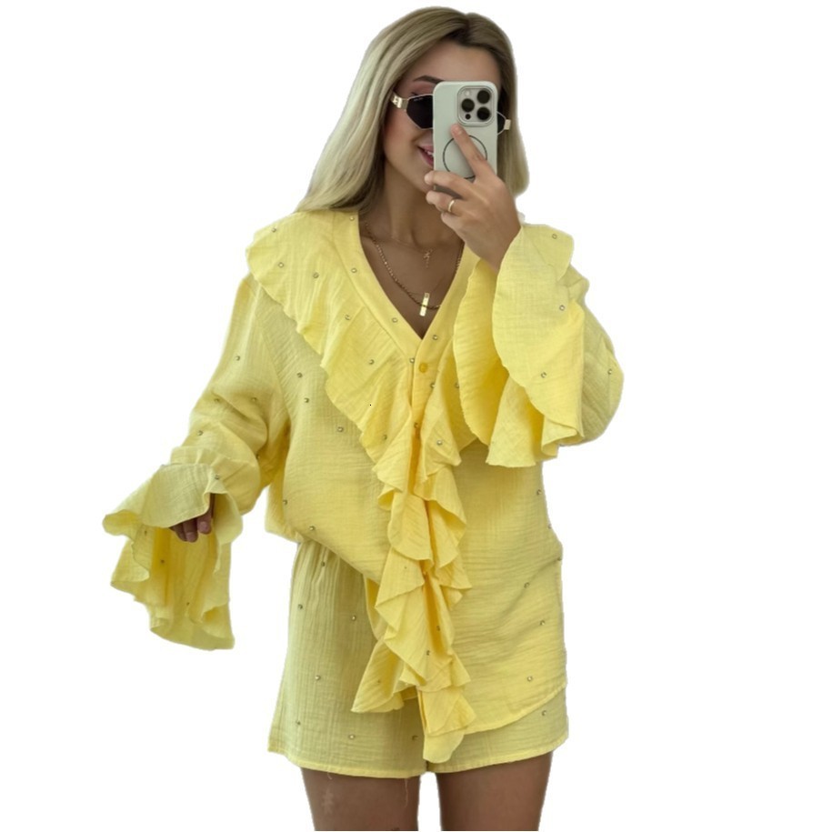 Plus Size Womens Fashion Design Ruffled Unique Shirt Top Shorts French Two-Piece Set for Women 230130