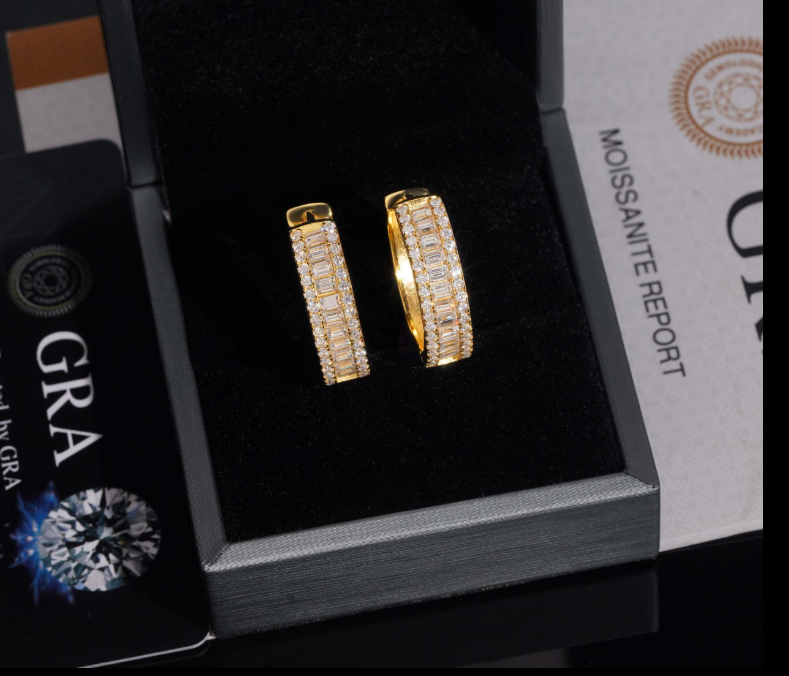 Fine Jewelry 925 Silver Hip Hop Gold Plated Iced Out Baguette Moissanite Diamond Hoop Earrings
