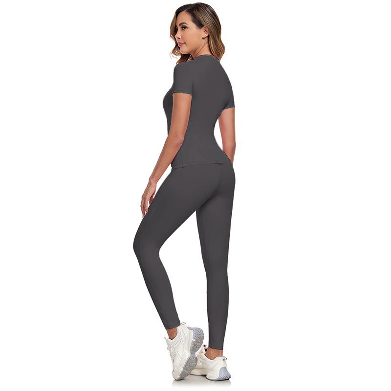 New Quick-Dry Yoga Fitness Outfit Outdoor Running Sports Round Neck Slim Fit Short Sleeve Long Pants Set