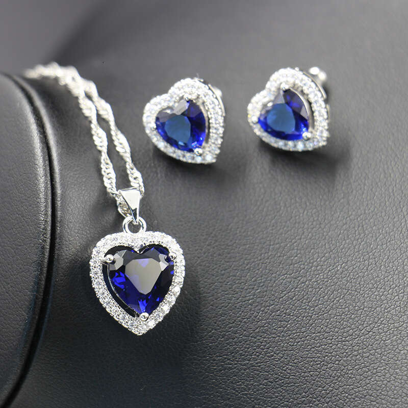 Ocean Set Blue Heart Necklace Inlaid with Zircon-Shaped Jewelry 0b3