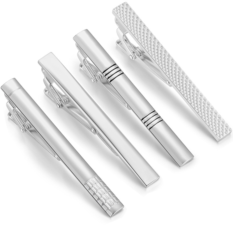 Chic Tie Bars 4-Piece Slim Tie Clip Set Gold Silver Tone Holder & Clasp for Gents Men - Matching Colors Collection Without Chain
