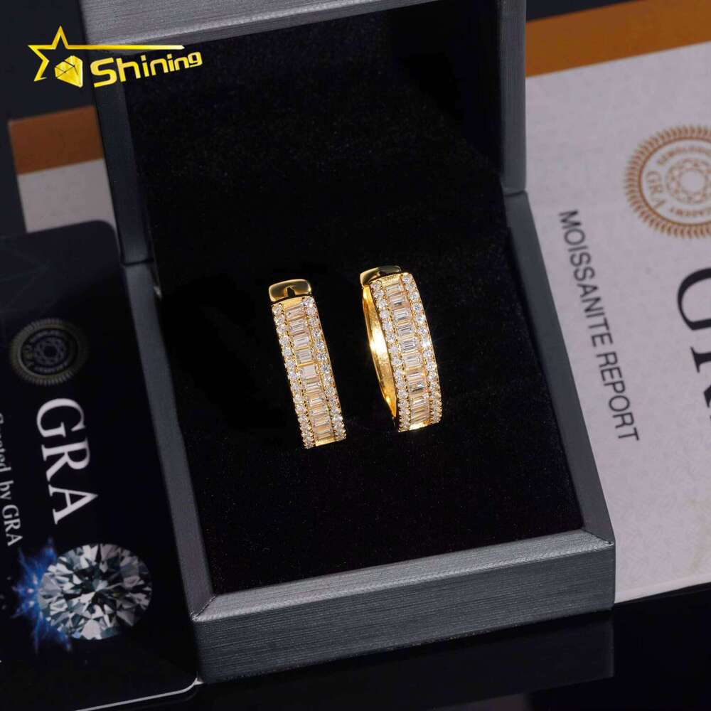 Premium Jewelry Sier Hip-Hop Gold-Plated Iced Baguette Moissanite Hoop Earrings