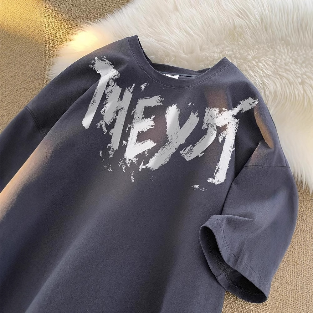 Letter Print Drop Designer Short Sleeves Shoulder Loose T-shirt For Men Summer American High Street Fashion Brand Versatile Five-quarter Sleeve Short 