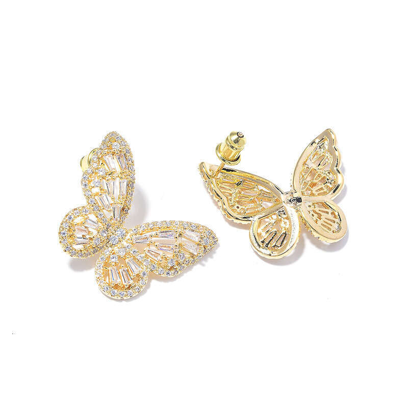 Luxurious Elegant Zircon Butterfly Stud Earrings for Women with High-end Feel, Real Gold Plating, and Sier Needle Studs c37