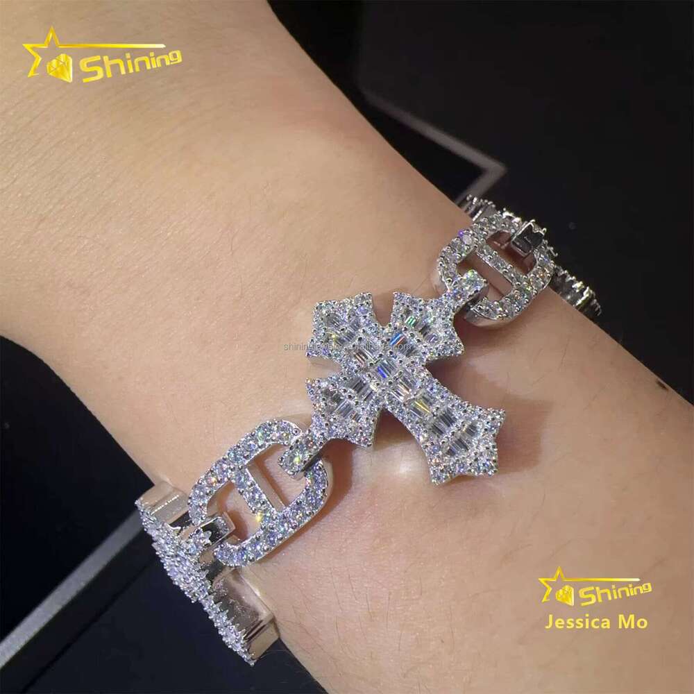 Rapper Jewelry Hot Selling New Arrivals Hip Hop VVS1 Moissanite Iced Out GRA Certificate S Sier Cuban Cross Bracelet Man