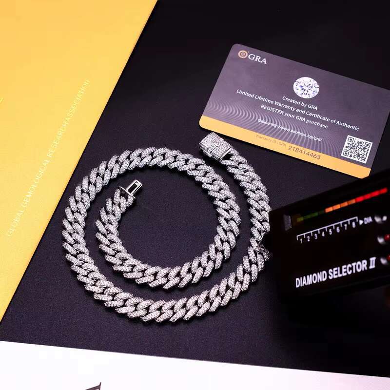 12mm 2 Rows Cuban Bracelet D VVS Lab Diamond Cuban Link Chain Iced Out 925 Silver Hiphop Moissanite Chain Cuban Necklace