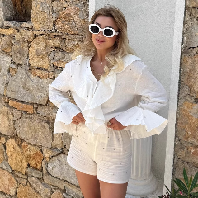 Plus Size Womens Fashion Design Ruffled Unique Shirt Top Shorts French Two-Piece Set for Women 230130
