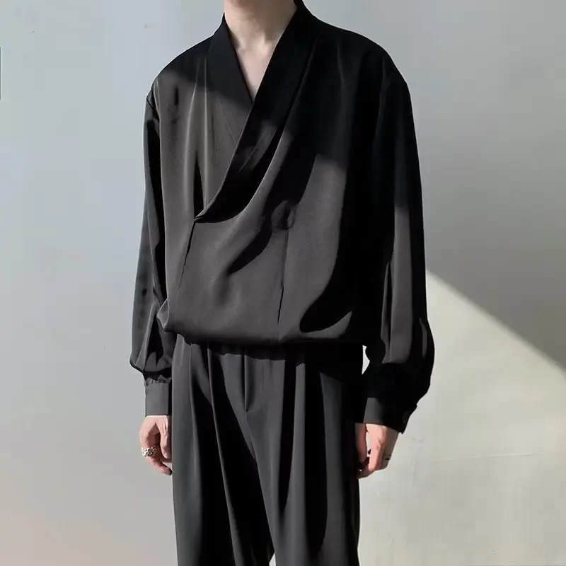 Spring Autumn Japanese Long Sleeve Shirt Mens Korean Style Casual Trendy Draped Sleeveless Silk Shirt 250703