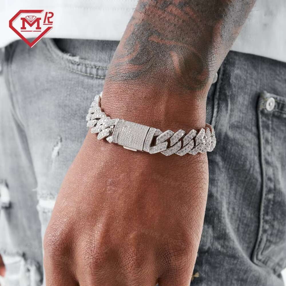 Hip Hop 15mm Moisannite Cuban Bracelet Men 2rows Iced Out Prong Setting 925 Sterling Silver Vvs Moissanite Bracelet
