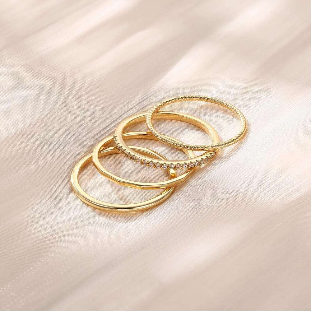 14K Filled 3 Gold 1.3mm Thin Stackable for Women Minimalist Non Tarnish Half Cubic Zirconia Band - Dainty Trendy Statement Stacking Rings Set Size 5-1