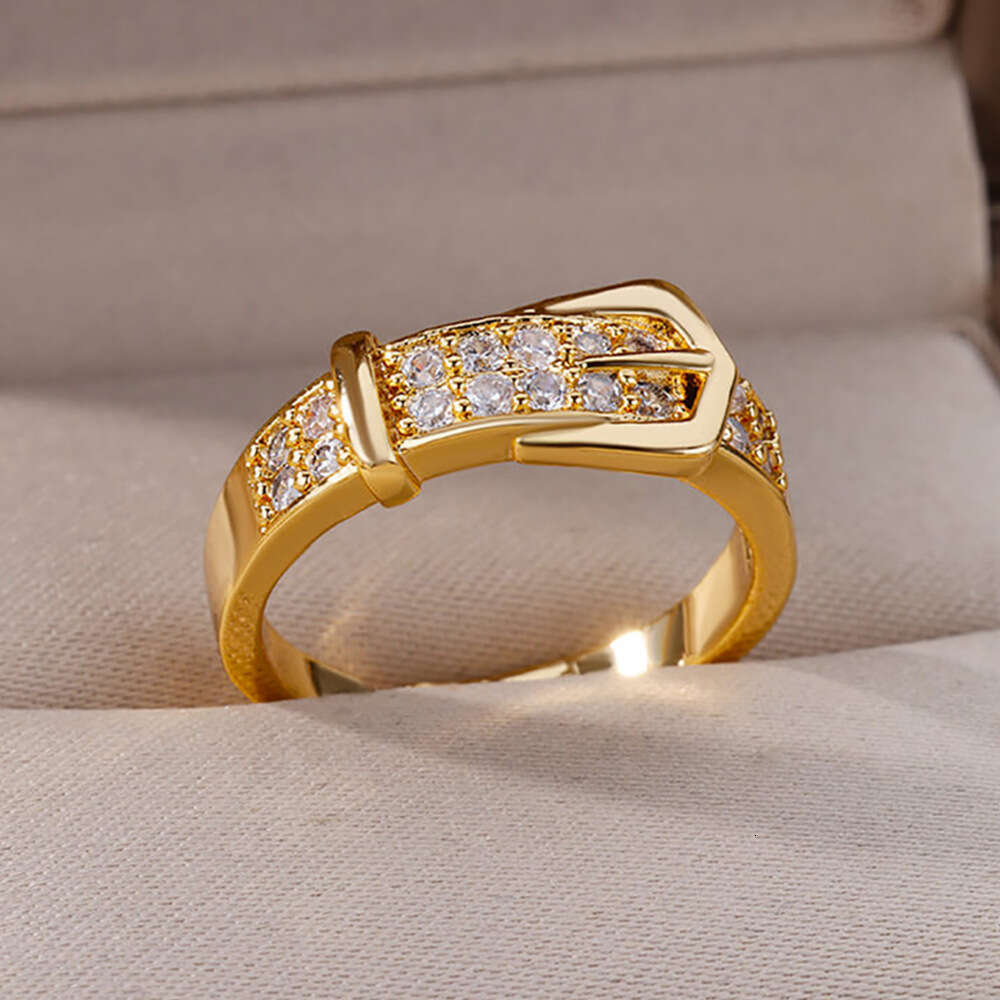 DHCollections European-Style Gold Buckle Ring Adjustable 18K Plated Crystal Band for Women