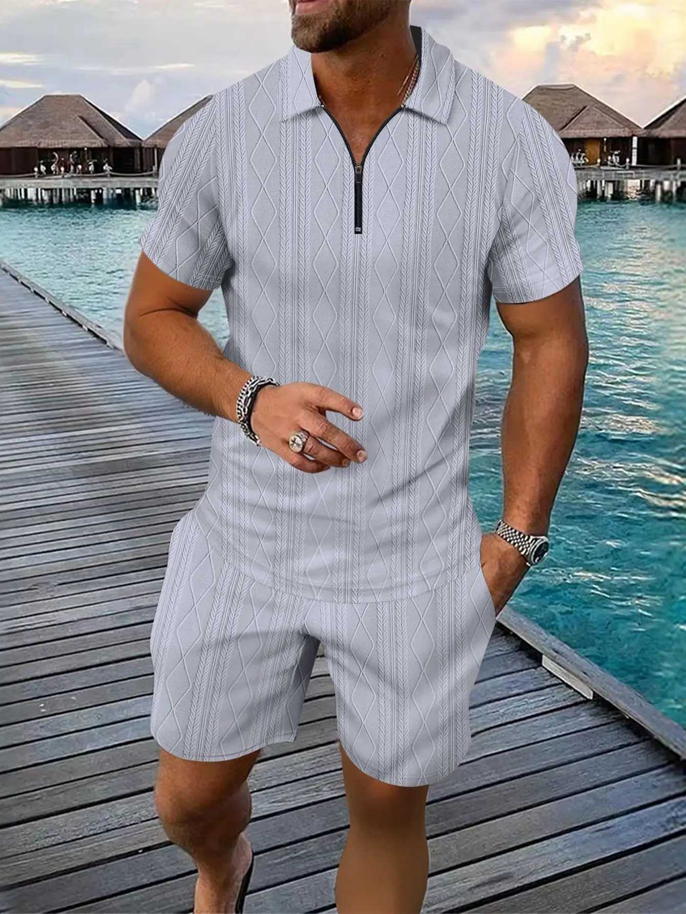 Mens Fashionable Checkered Jacquard Beach Shirt And Shorts Set Casual Lapel Zipper Two-Piece Suit Short-Sleeved Top and T-shirtXJ250703