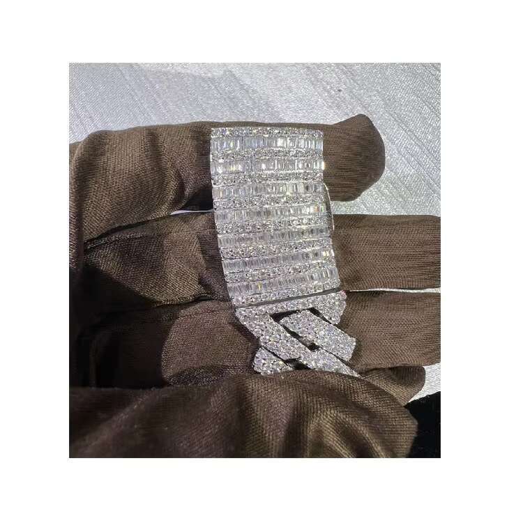 15MM VVS Moissanite Baguettes 925 Sterling Silver 24 Inch Cuban Chain